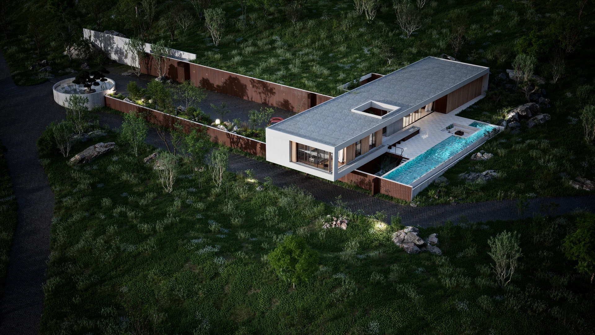 Elevated oblique view of the Bonsai residence, swimming pool and surrounding landscape