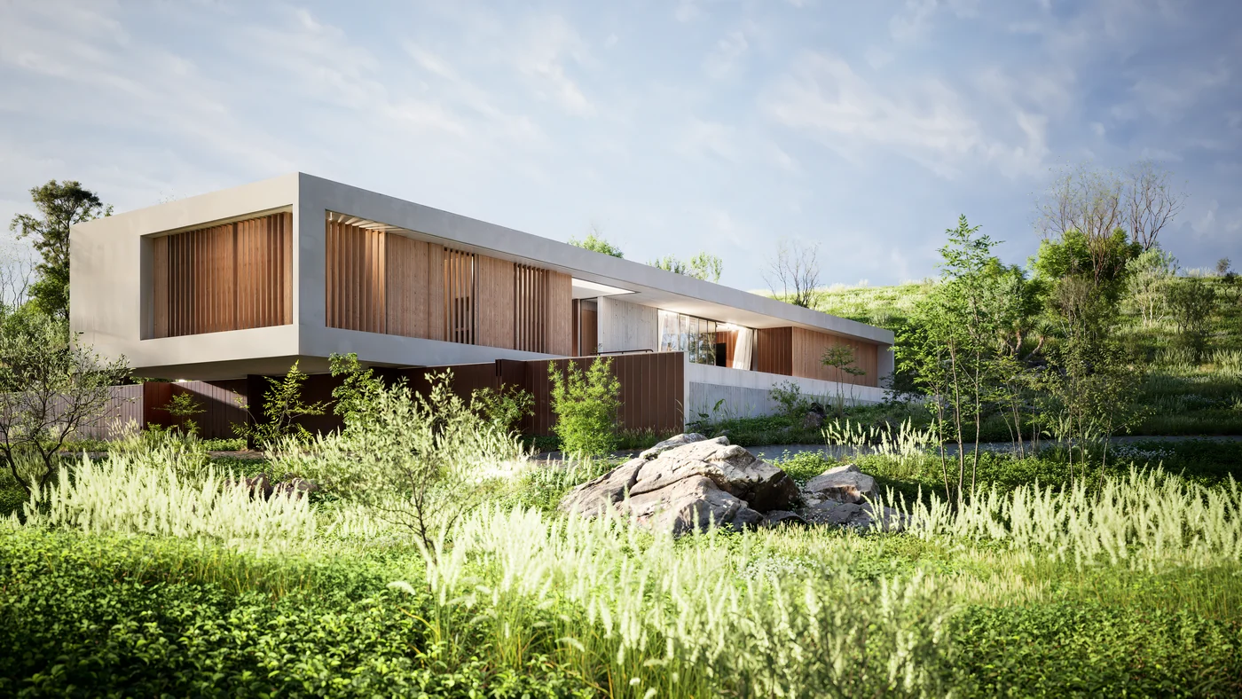 Architectural visualisation of Bonsai, a private residence in a mountain setting