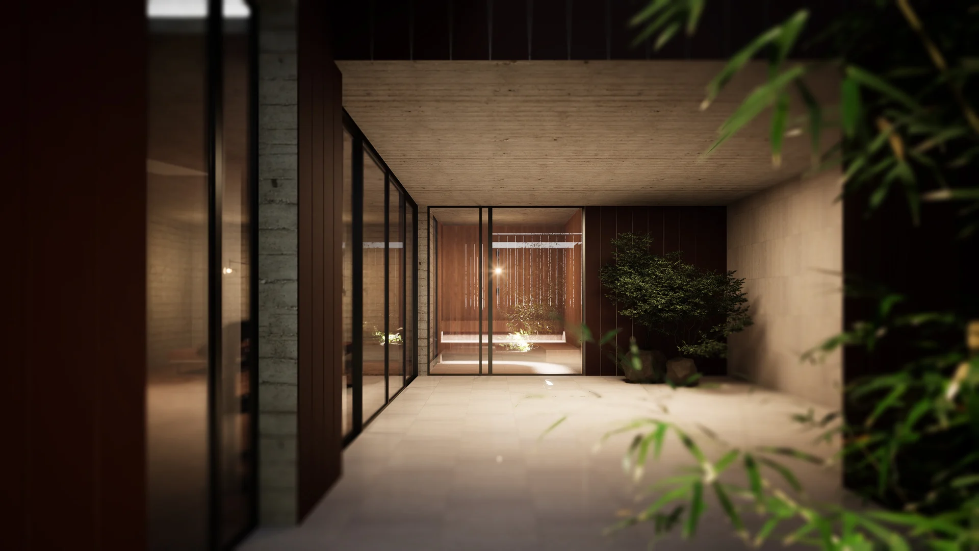 Quiet covered patio with concrete surfaces, glazed walls, timber detailing and courtyard planting