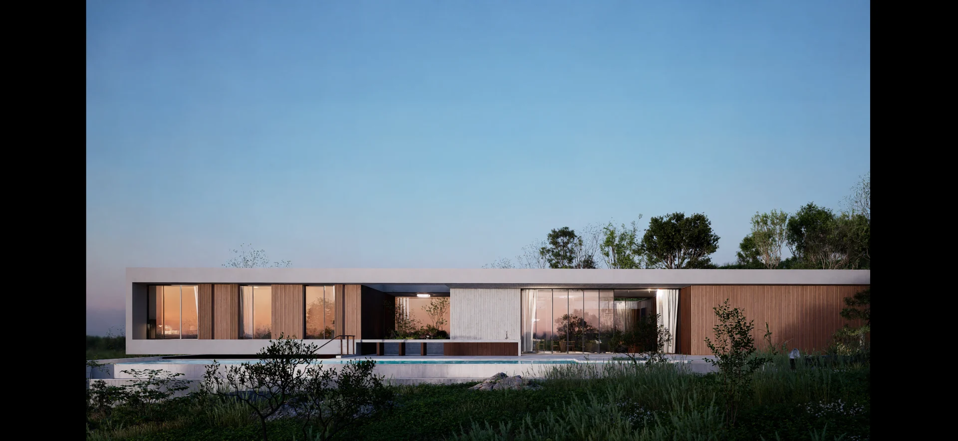 Long timber-and-concrete garden elevation of Bonsai in daylight