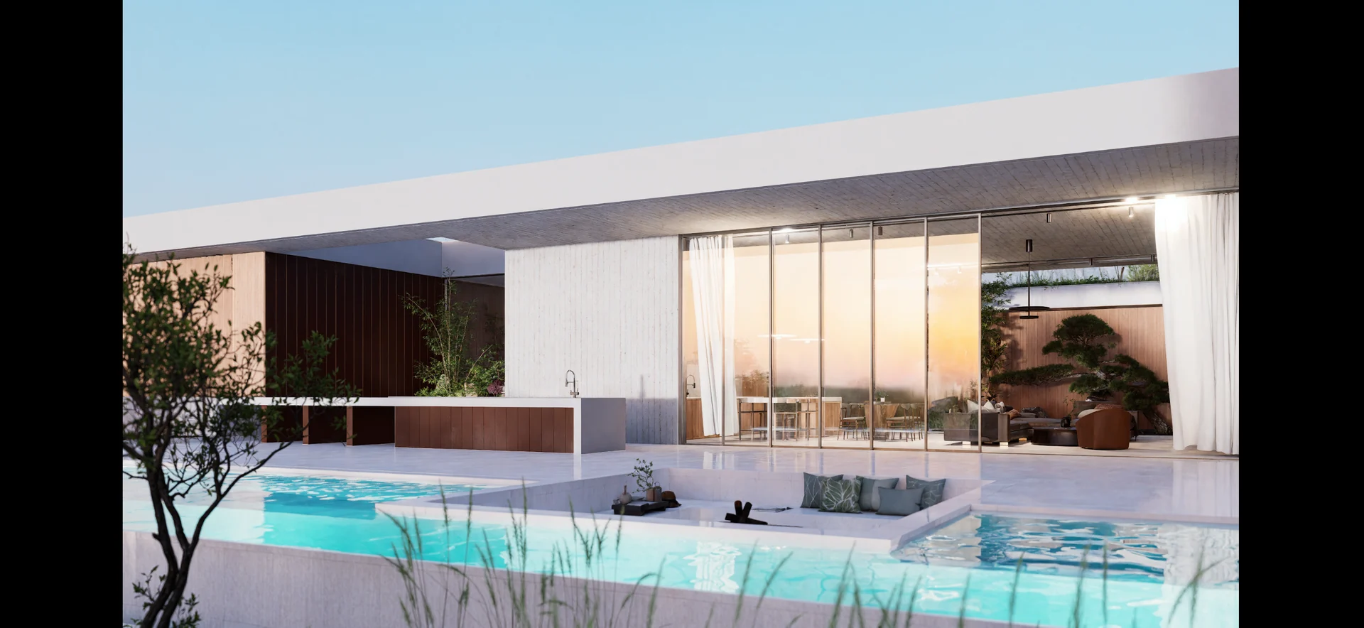 Swimming pool beside a pale concrete facade with full-height glazing and timber screening