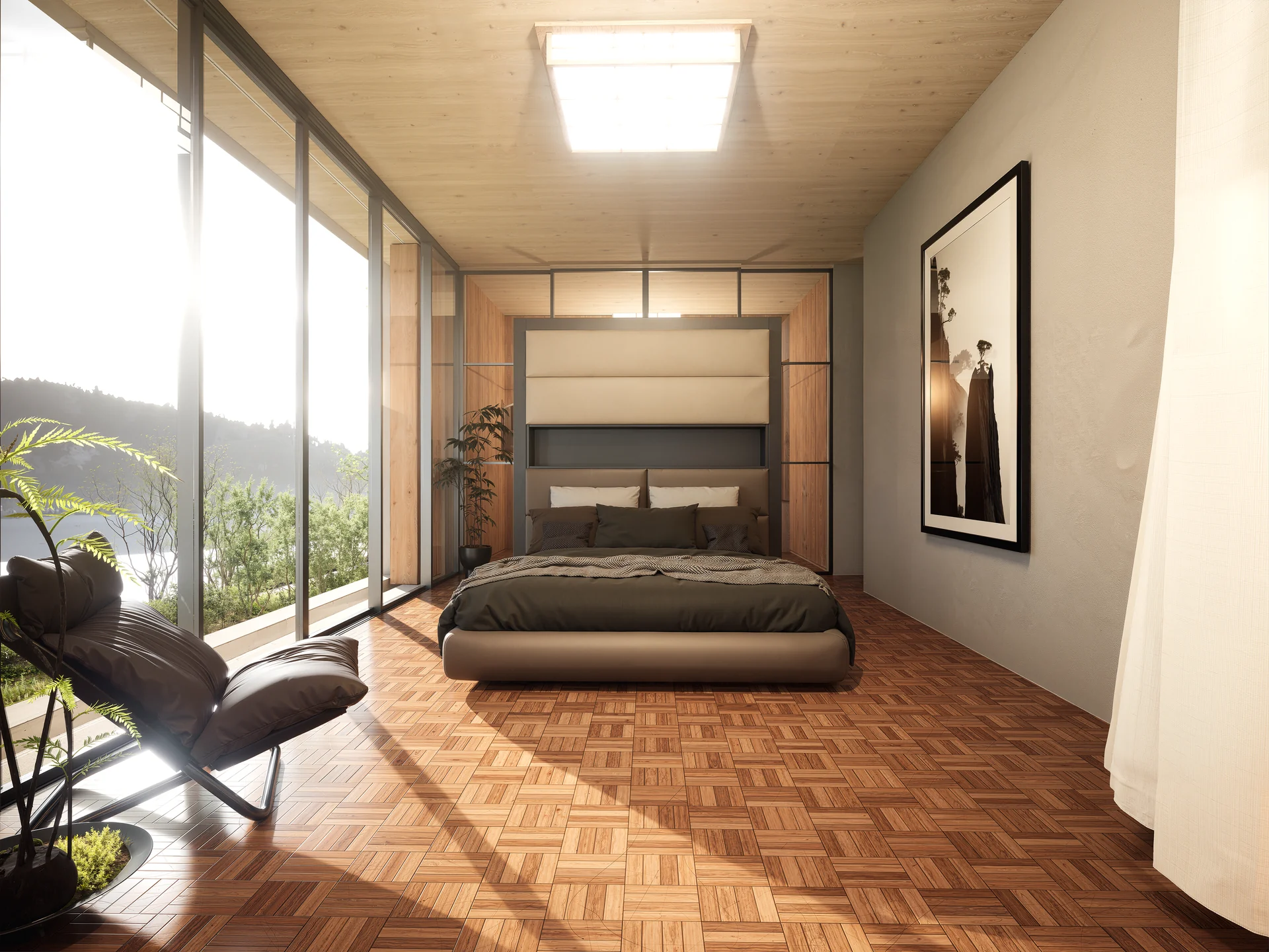 Primary bedroom with parquet flooring, full-height glazing, a lounge chair and a timber ceiling with a skylight