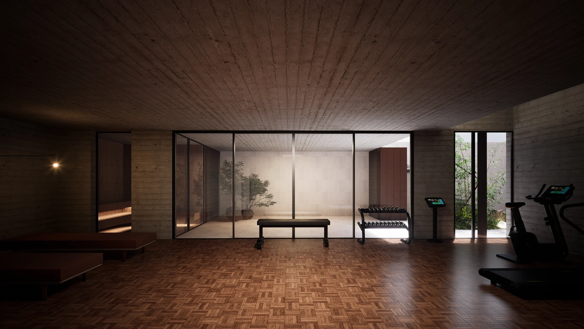 Private gym with timber parquet flooring, exercise equipment and glazing onto a planted courtyard