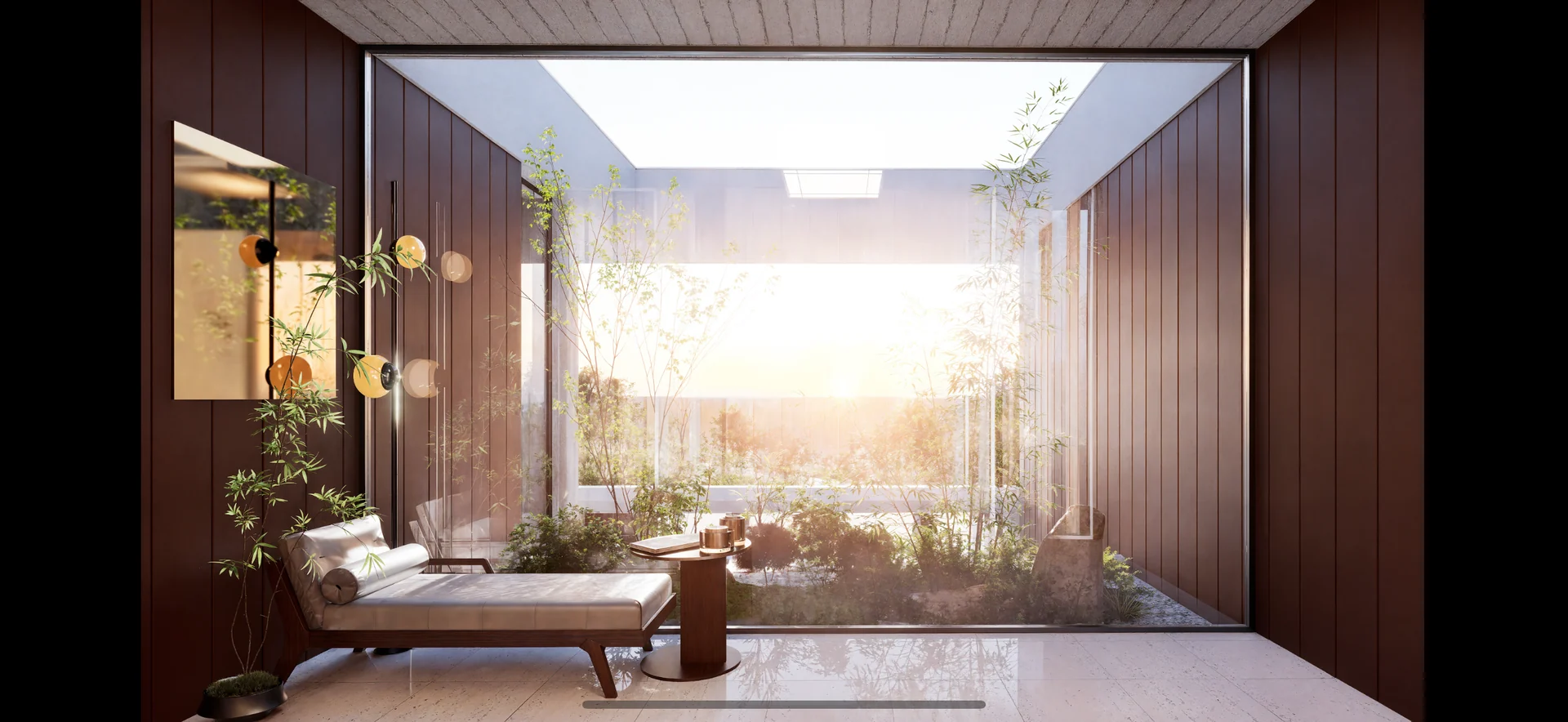 Sunlit courtyard lounge with timber wall panels, low seating and planting under an open roof