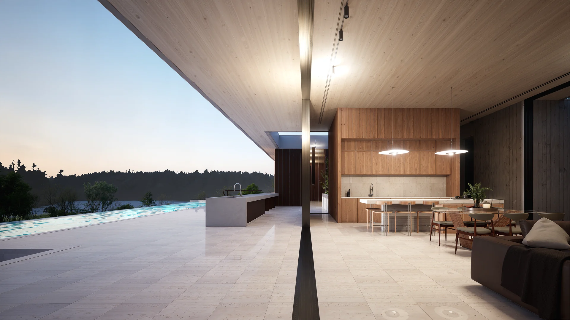 Sliding glazing connects the timber-lined living and dining area to a broad terrace and swimming pool