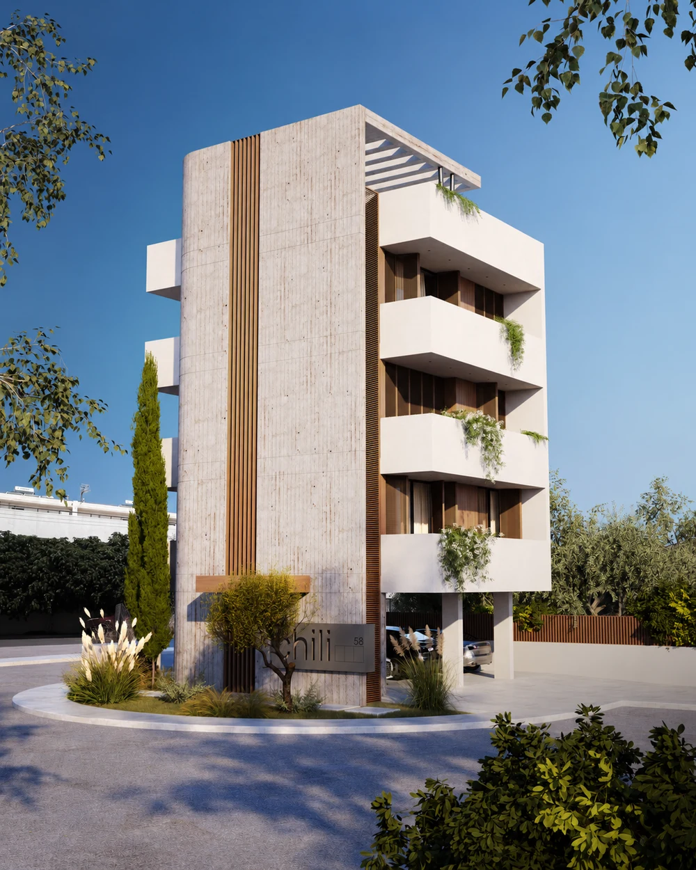 Chili’s sculptural concrete facade, warm-toned screens and planted balconies in Ypsonas