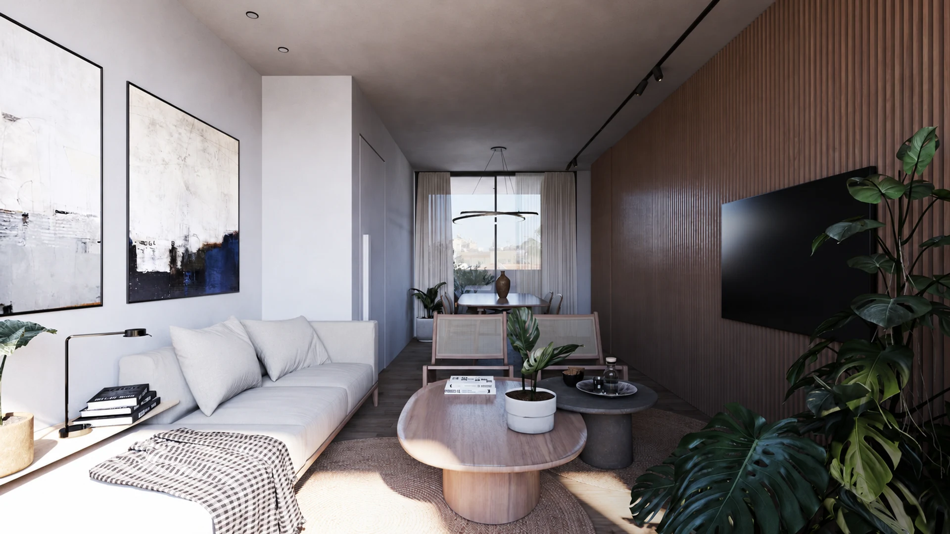 Chili living and dining room with a linen sofa, timber wall and balcony light