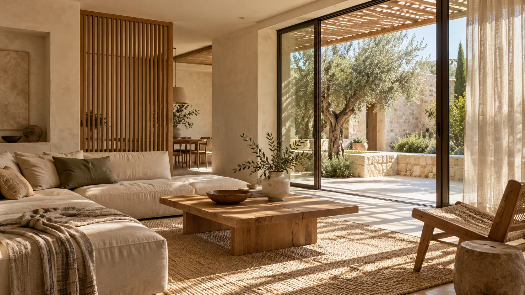 Japancy interior concept with a linen sofa, warm oak screens and sunlight opening onto a Mediterranean courtyard